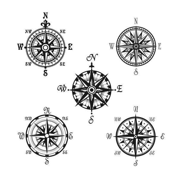 Marine or nautical compass navigation vector icons