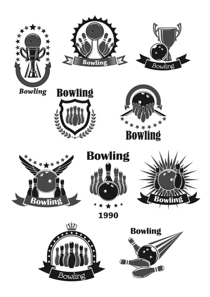 Bowling-Spiel Meisterschaft verleiht Vektor-Symbole gesetzt — Stockvektor