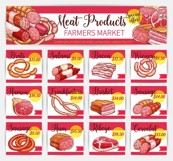 Vector carne precio tarjetas carnicería mercado plantilla — Archivo Imágenes Vectoriales