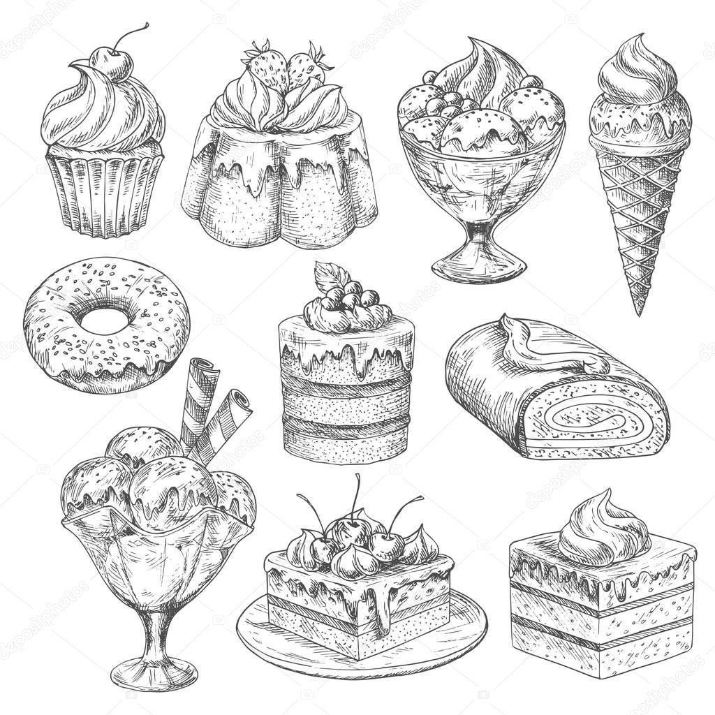 Vector desserts and cakes for bakery sketch icons