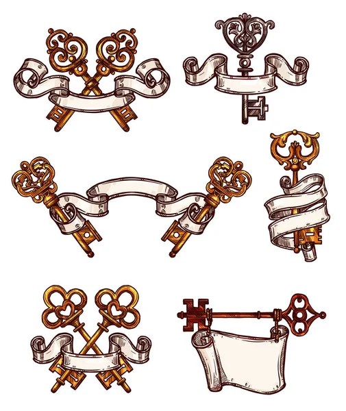 Vintage keys vektoros ikonok vázlat dekor beállítása — Stock Vector