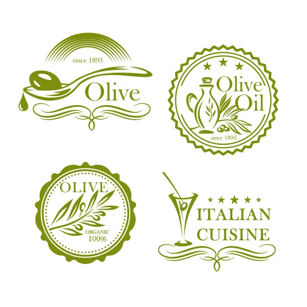 Oliwki, oliwa z oliwek wektor na białym tle zestaw etykiet ikon — Wektor stockowy