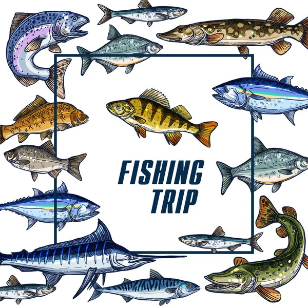 Vector poster template for fishing trip sketch — Stock Illustration Vector poster template for fishing trip sketch Vector Graphics