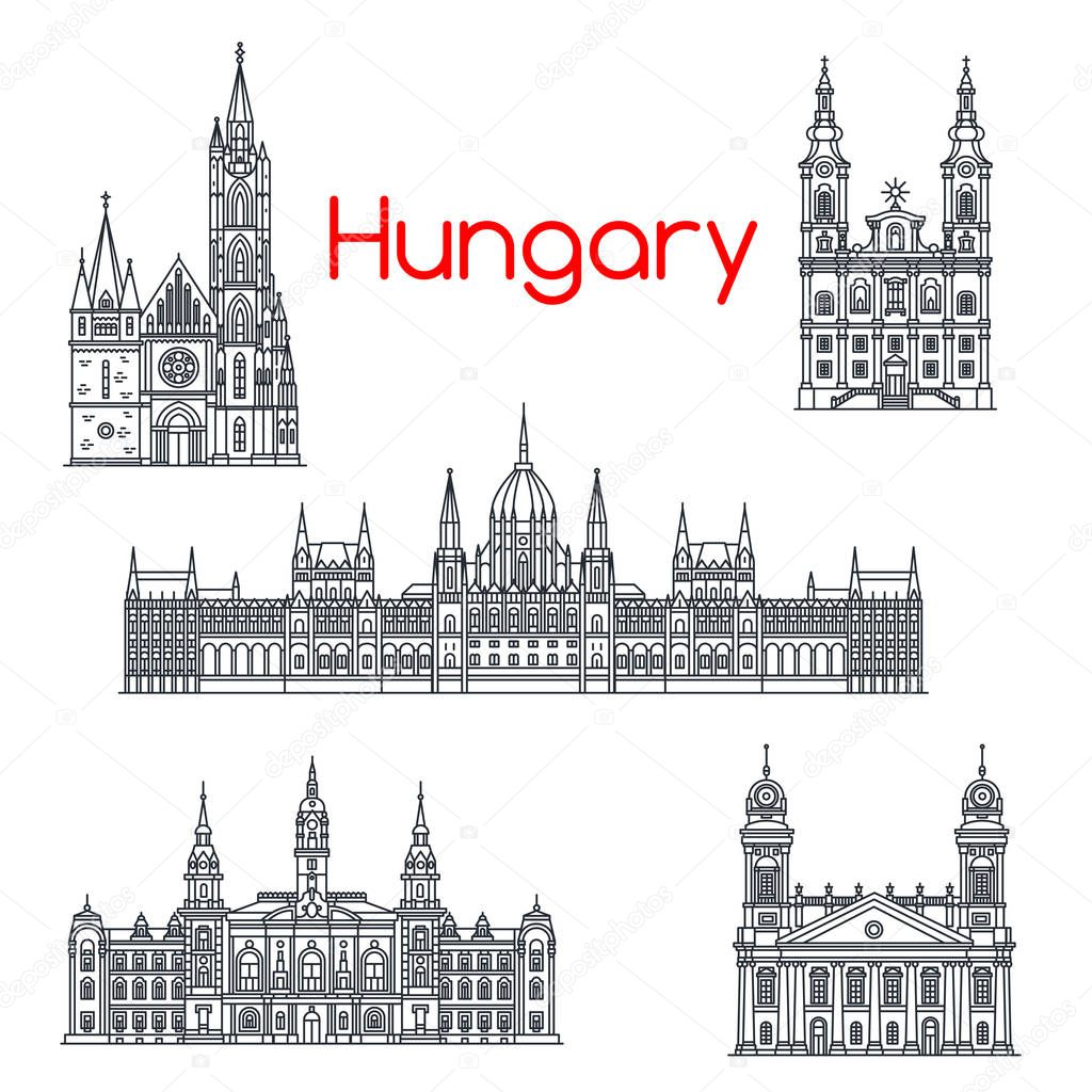 Architecture of Hungary buildings vector icons