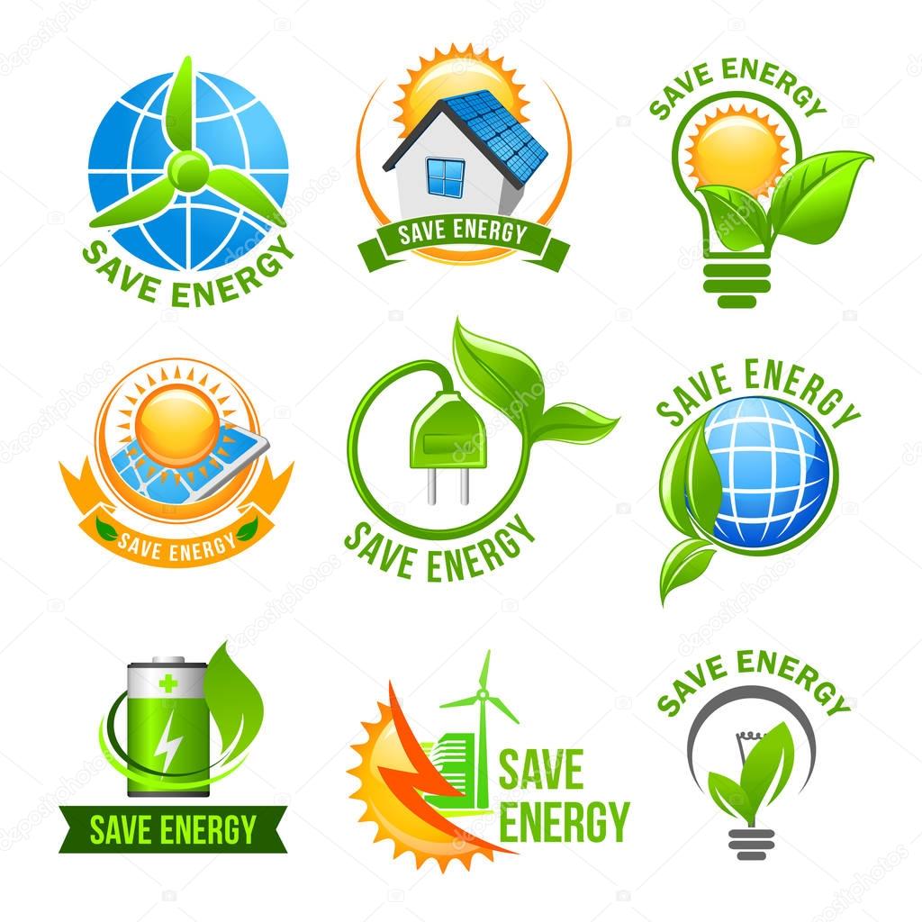 Eco green energy icon set. Green eco house with solar panel and wind turbine, light bulb with green leaf, globe, charge battery and electric plug with plant for energy saving themes design