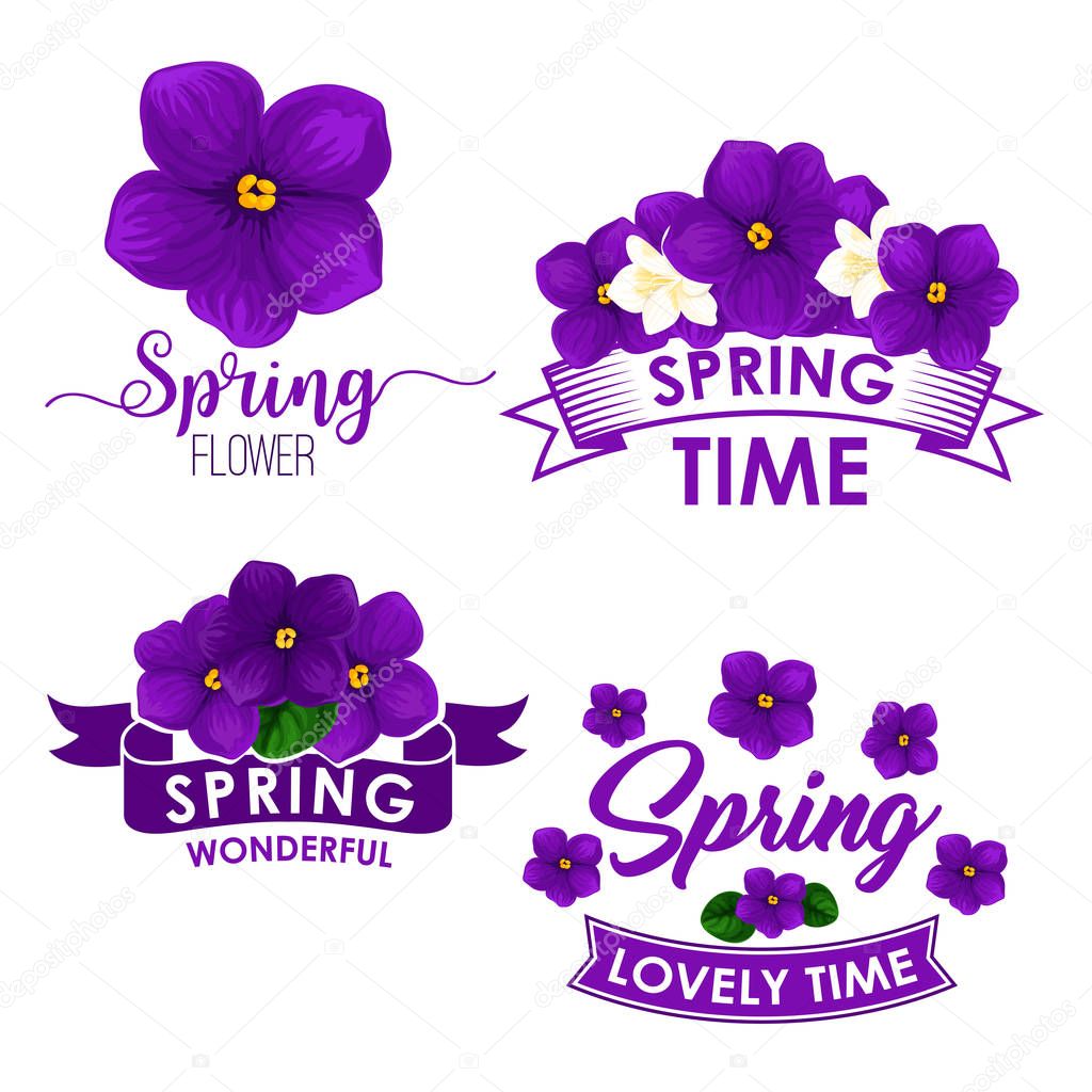 Spring flower bouquet isolated symbol set. Flowers of violet and jasmine with green leaf and ribbon banner. Floral icon for springtime holidays design