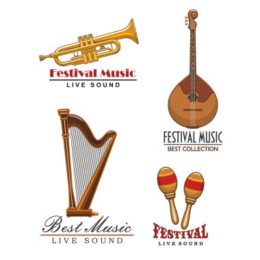 Vector music festival icons of musical instruments clipart