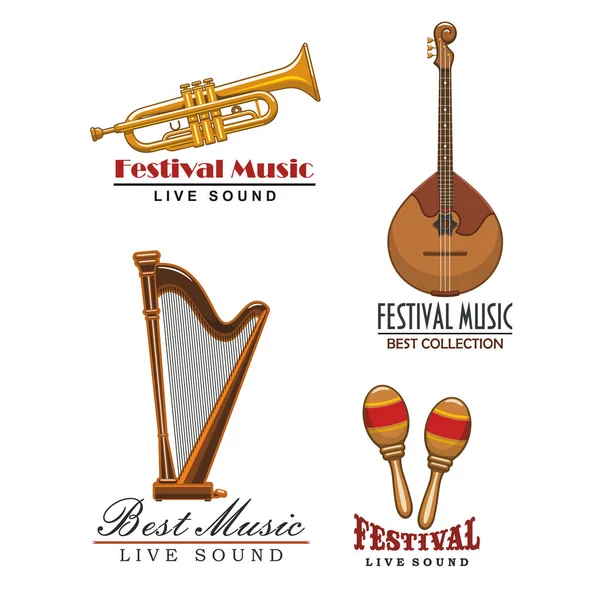 Vector music festival icons of musical instruments — Stock Vector