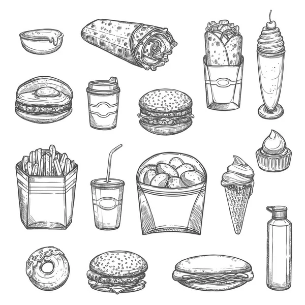 Vector sketch isolated fast food icons — Stock Vector