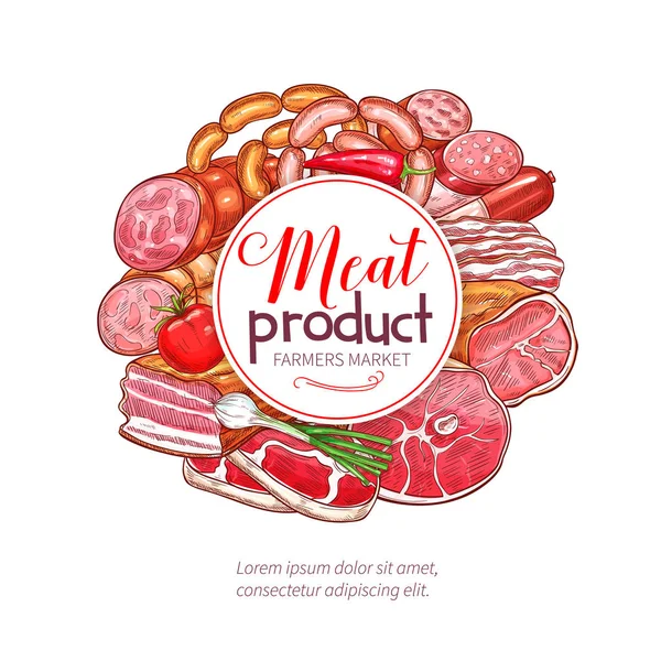 Iconos de bosquejo vectorial de productos cárnicos de carnicería — Vector de stock