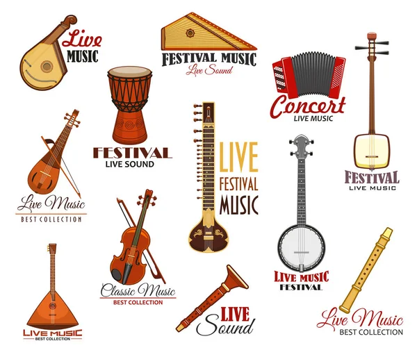 Vector icons set for live music festival concert — Stock Vector