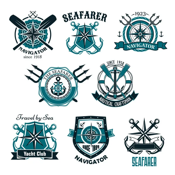 Nautical heraldic vector icons of marine seafarer — Stock Vector