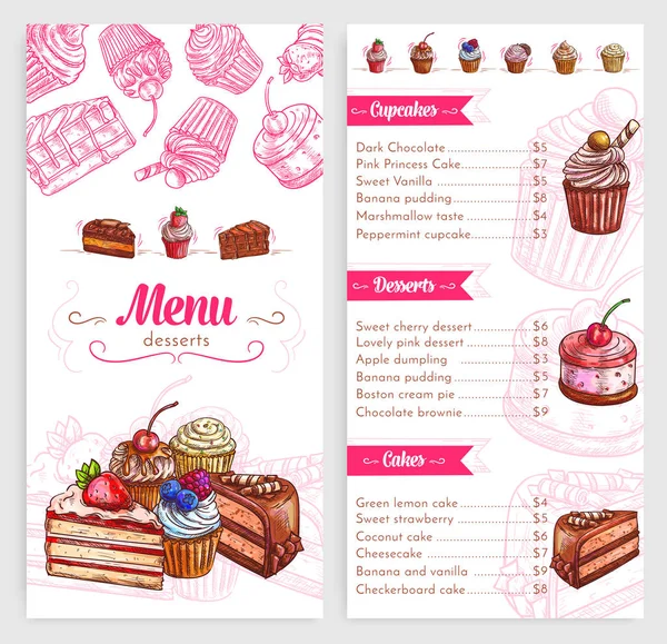 Menu de pâtisserie vectorielle avec gâteaux et tartes au dessert — Image vectorielle