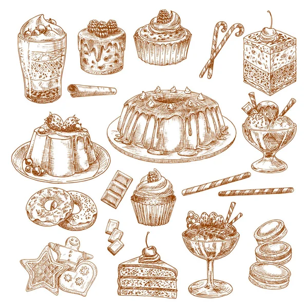 Iconos de bosquejo vectorial de postres de pastel y pasteles — Vector de stock