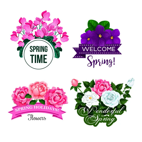 Tempo di primavera vettoriale saluto cita progettazione fiori — Vettoriale Stock