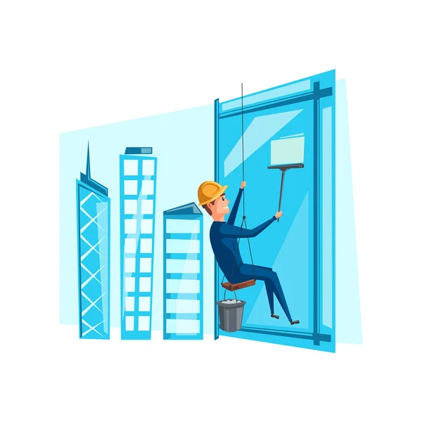 Vector man reinigen wassen ramen op gebouw — Stockvector