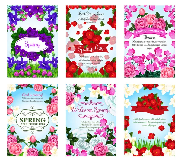 Tarjetas de felicitación primavera flores ramos de primavera — Archivo Imágenes Vectoriales