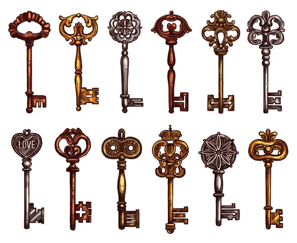 Vector isolated icons sketch of vintage keys — Stock Illustration Vector isolated icons sketch of vintage keys Vector Graphics