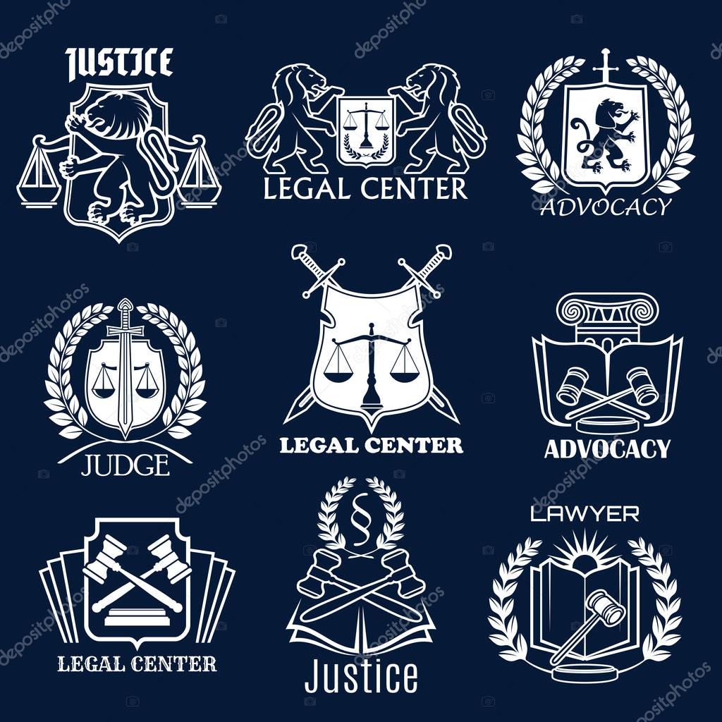 Legal center and advocacy or lawyer vector icons. Symbols of justice scales, laurel wreath and law code book, heraldic lion or swords and judge gavel for advocate and counsel attorney office