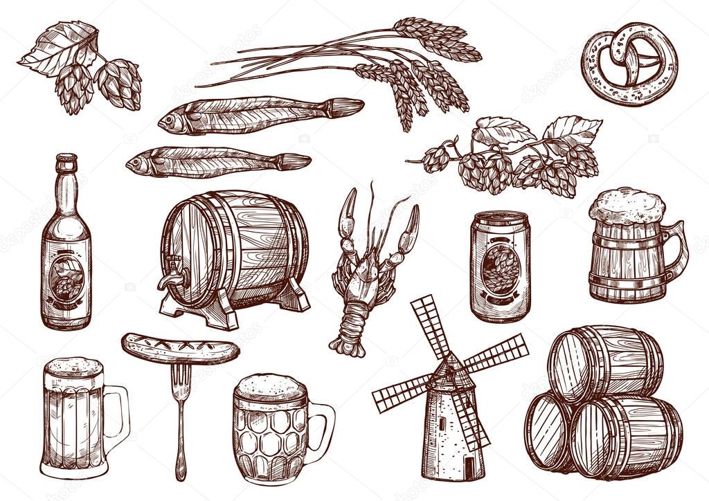 Vector sketch icons of beer snacks and brewery