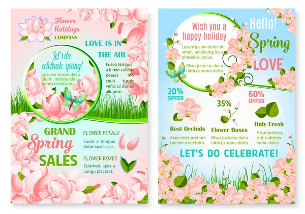 Primavera férias promo venda flores cartazes vetor —  Vetores de Stock