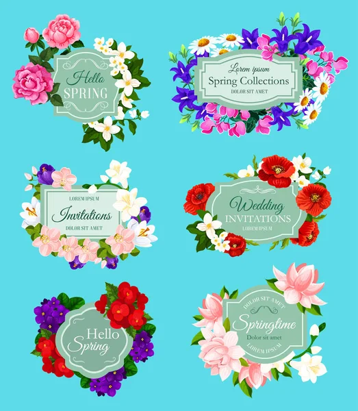 Vector flores de primavera ramos invitaciones de boda — Archivo Imágenes Vectoriales