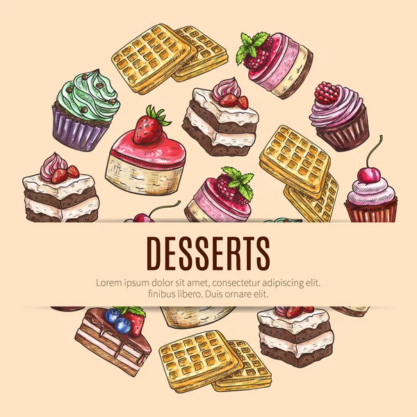 Cake desserts poster for pastry shop design — Stock Vector