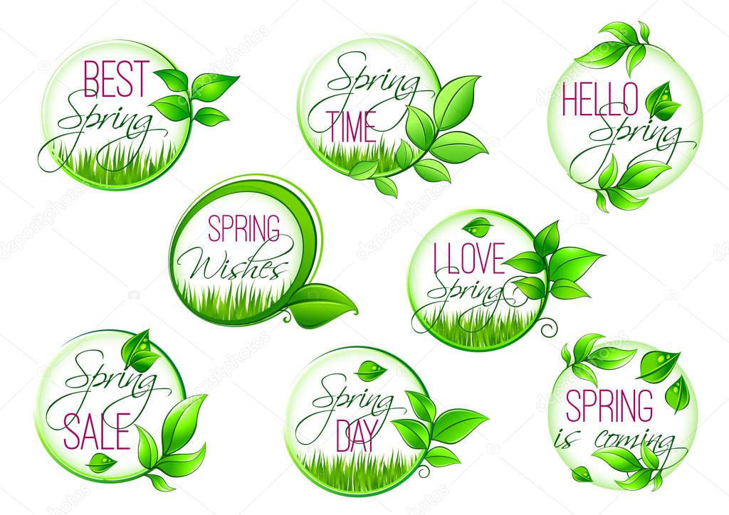 Spring sale and springtime holiday label set. Hello Spring isolated symbol of fresh green leaf and grass frame with greeting wishes of Happy Spring Holidays in center