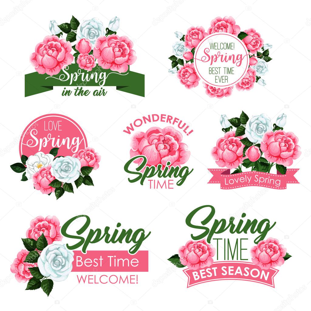 Spring season holidays floral icon set. Spring flowers of rose and peony floral bouquet with green leaves, decorated by ribbon banner with greeting wishes. Springtime holidays themes design