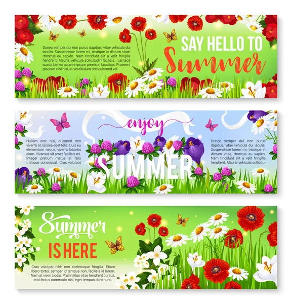 Verano flor saludo banner conjunto diseño — Archivo Imágenes Vectoriales