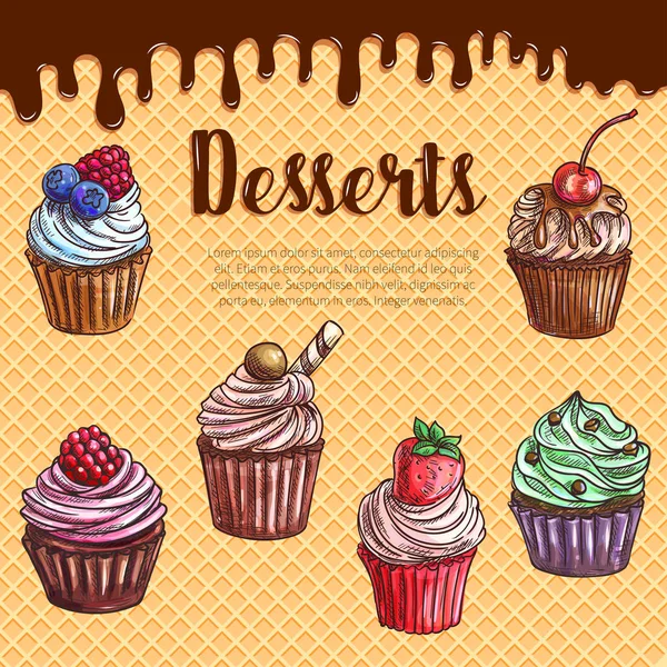 Cartel de waffle vectorial con cupcakes de postre — Vector de stock