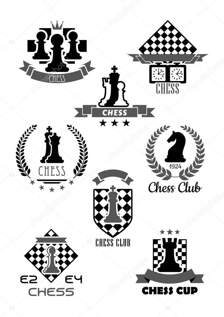 Chess club vector icon for chessplayer team or tournament contest. Vector symbols chessman pieces king and queen, rook or pawn and knight bishop on chessboard, ribbons and laurel stars