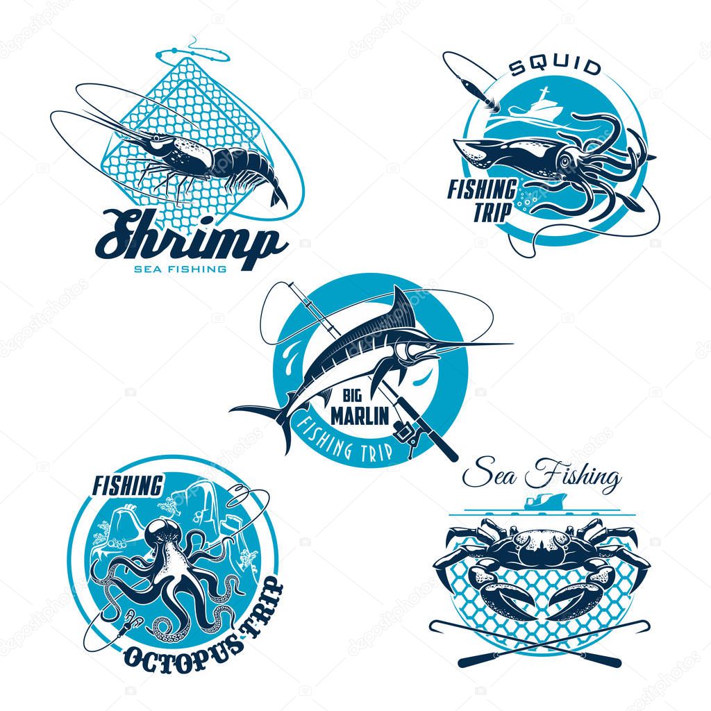 Sea fishing symbol set. Crab, shrimp, blue marlin, octopus and squid with fishing rod, boat and net trap. Fishing trip badge, sporting club emblem, seafood and fish market sign design