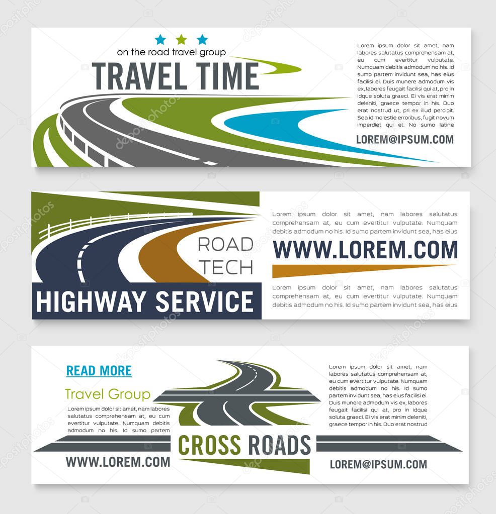 Road travel and highway service banner template set. Crossroad, speedy freeway and coastal road symbols for travel agency web banner, car trip, summer vacation and tourism design