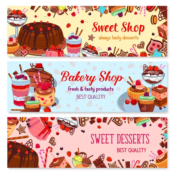 Bageri och sweet shop, glass café banner uppsättning — Stock vektor