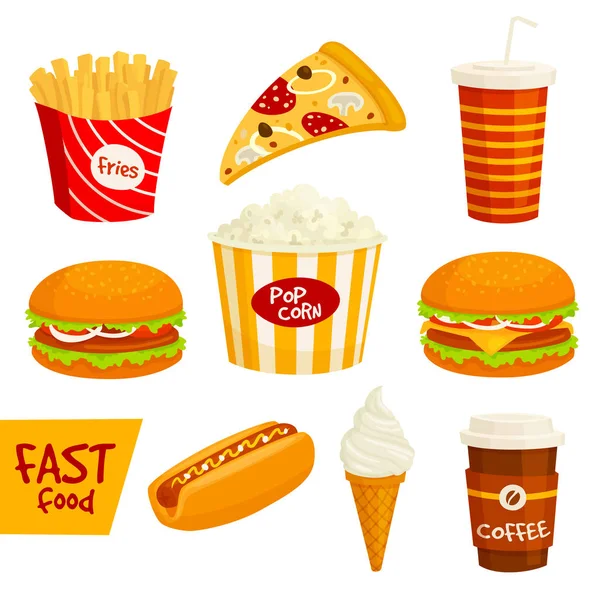 Fast food sandwich, drink, snack icon set — Stock Vector