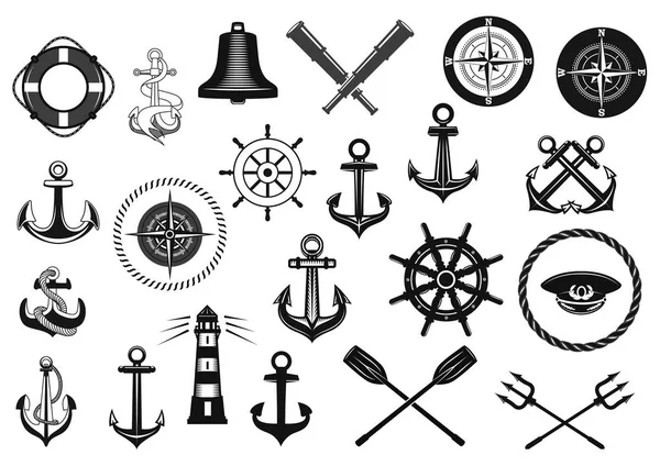 Nautical icon set with anchor, helm and rope — Stock Vector