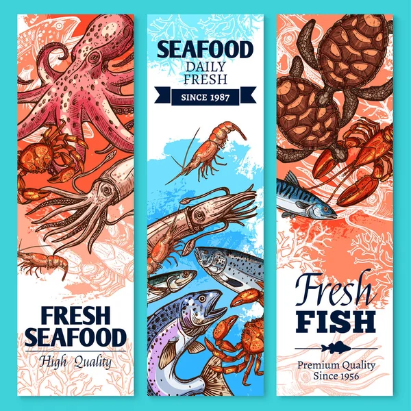 Conjunto de pancartas de bocetos de pescado y marisco fresco — Archivo Imágenes Vectoriales