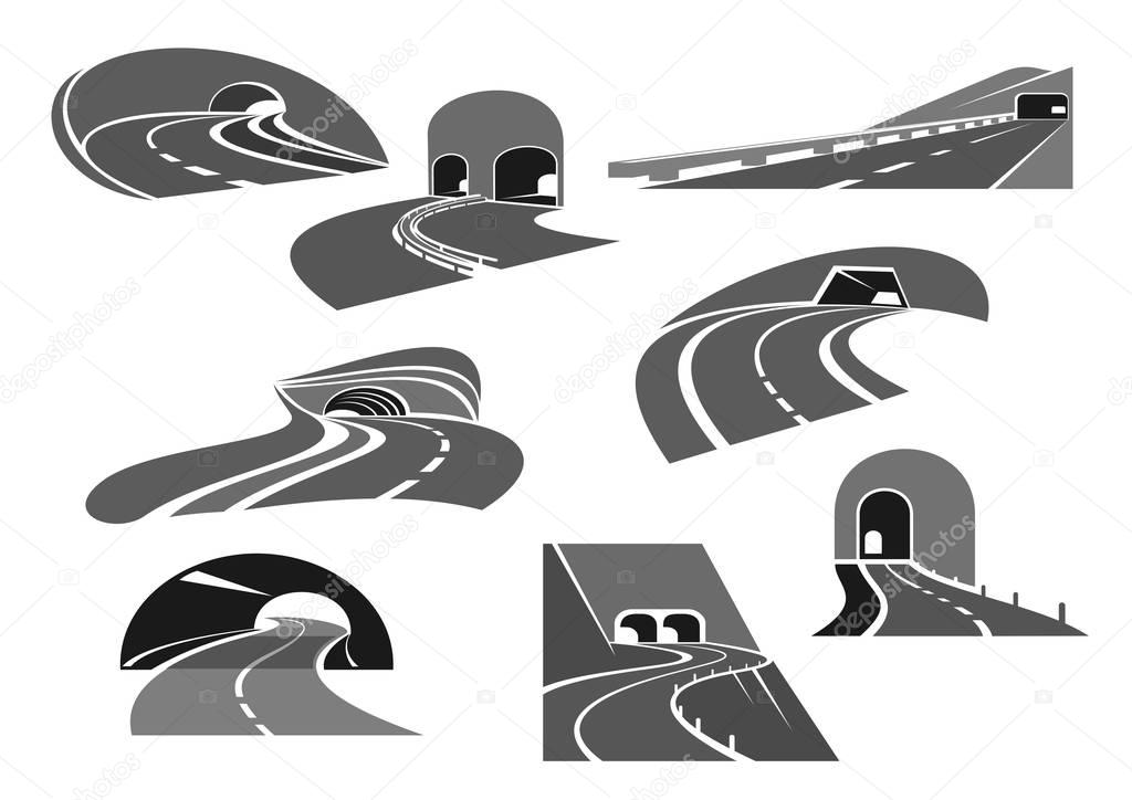 Road tunnel icon set with highway and freeway