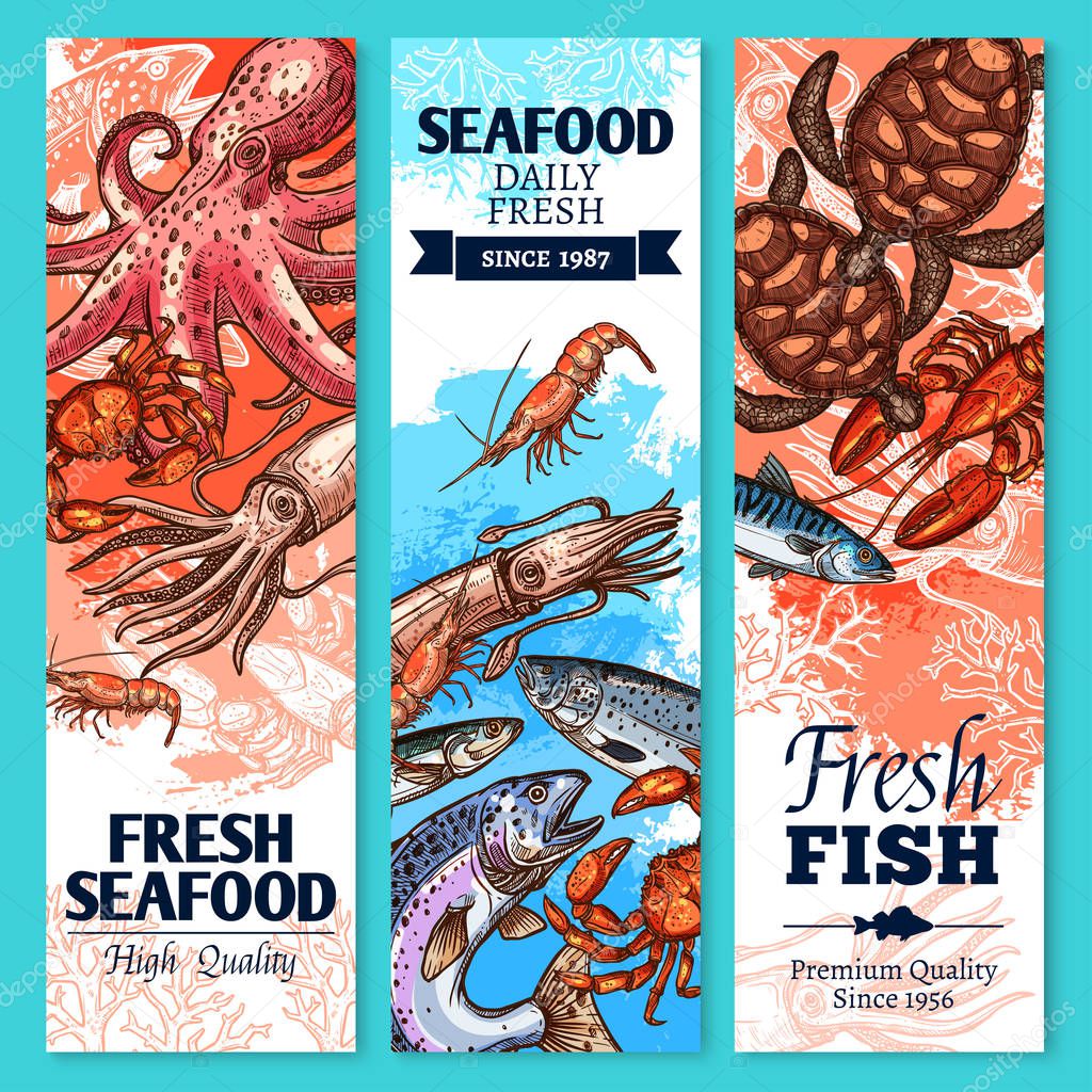 Fresh fish and seafood sketch banner set