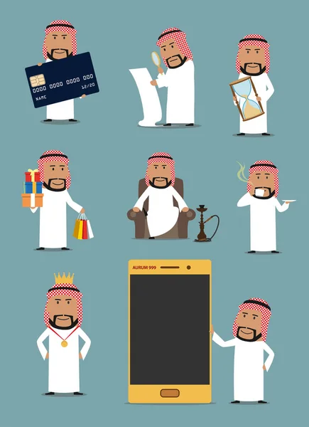 Rich arab businessman cartoon character set — Stock Vector