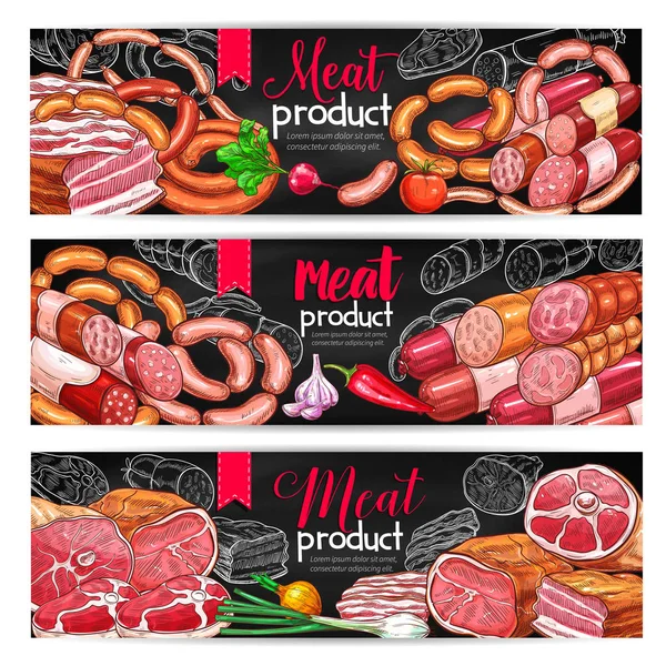 Menu viande et saucisse bannière tableau noir ensemble — Image vectorielle
