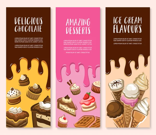 Sobremesa, sorvete e conjunto de banner de doces de chocolate —  Vetores de Stock