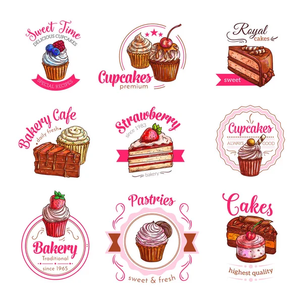 Vector icons of pastry dessert cakes and cupcakes — Stock Vector