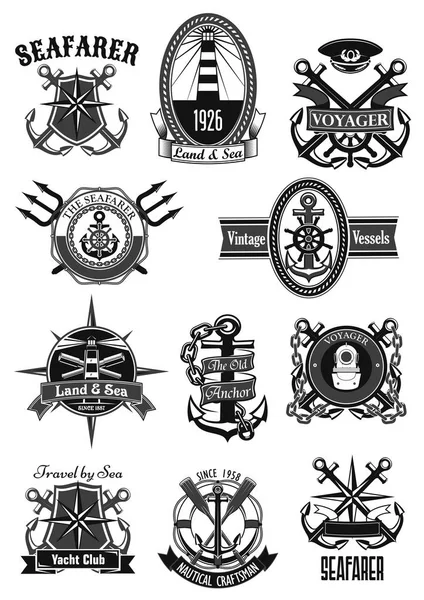 Iconos vectores heráldicos de la gente de mar marina náutica — Vector de stock