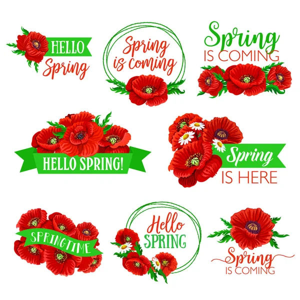 Hello Spring ensemble de symbole floral avec bouquet de fleurs — Image vectorielle