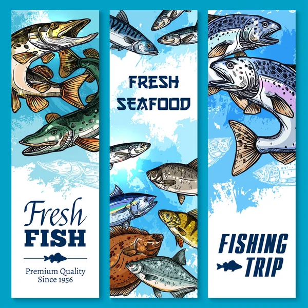 Vector banners of fishing trip and fish catch — Stock Vector