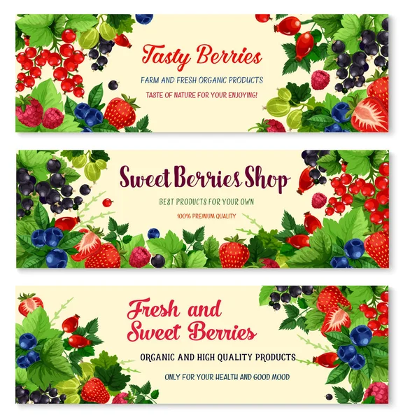 Vector banners van verse bessen voor berry winkel — Stockvector