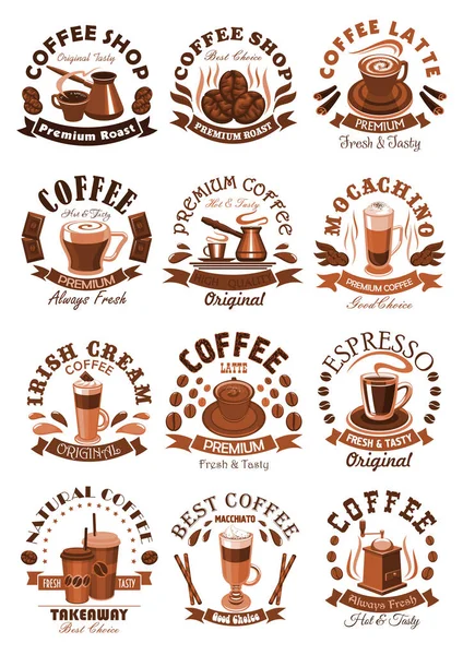 Vektor-Symbole Coffeeshop von Kaffeetassen oder Bohnen — Stockvektor