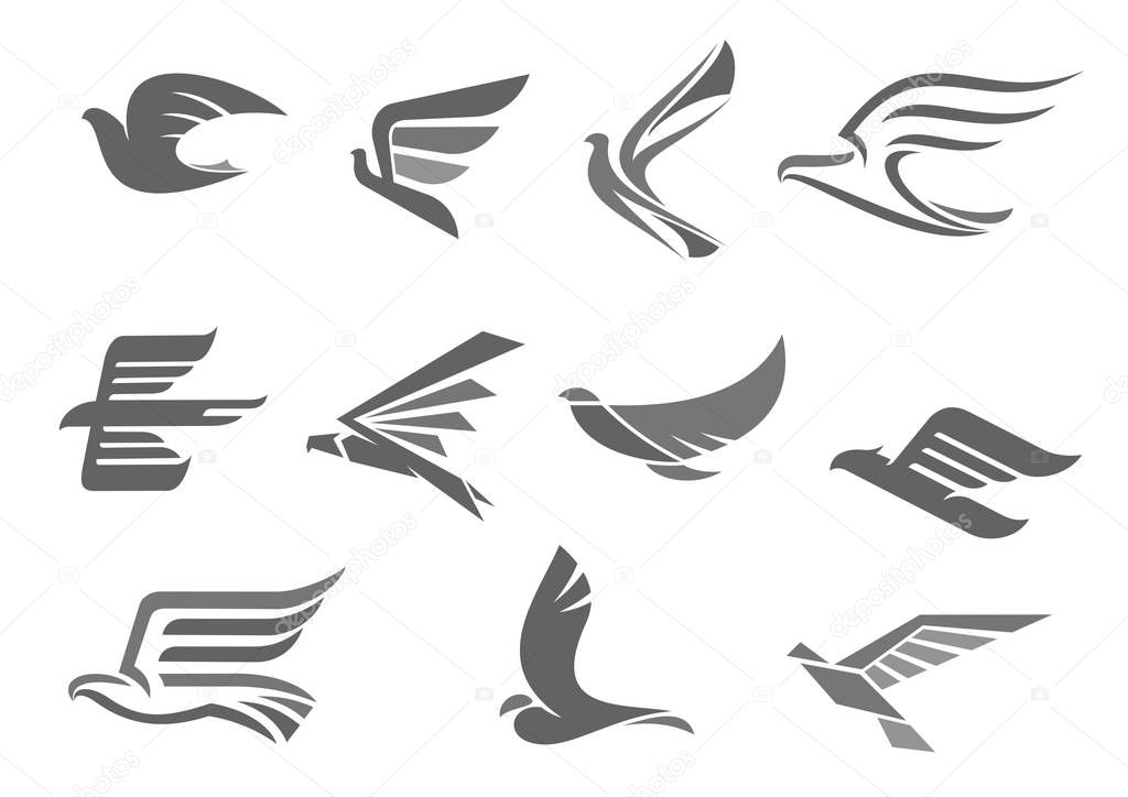 Vector icons of flying birds and wings